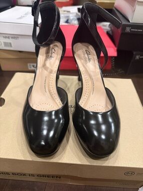 Clarks Black Ankle-Strap Heeled Pumps